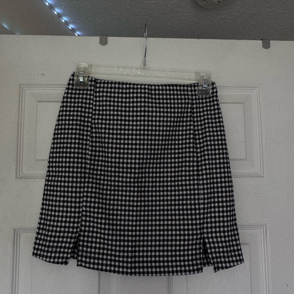 Classic Black and White Checkered Skirt with Double Slit